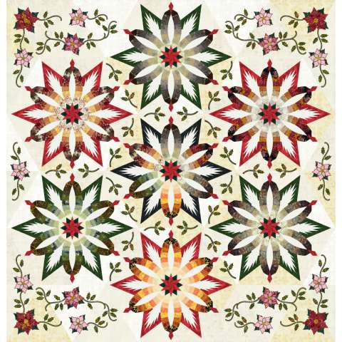 Diamond Wedding Star in Tamarack Strip Set with the Fabric Confetti Digitized Poinsettia Embroidery • 96x99 $425.00 Fabric Only $461.00 Kit with Replacement Papers $481.50 Kit with Pattern