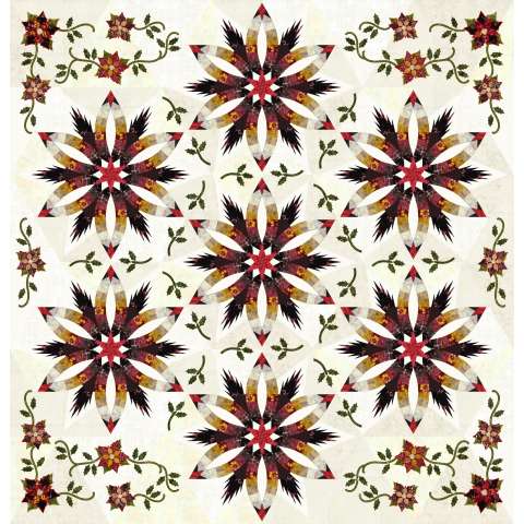 Diamond Wedding Star with Poinsettia Applique by Fabric Confetti, Vanessa Fromm • 96x99 $370.00 Fabric Only $406.00 Kit with Replacement Papers $426.50 Kit with Pattern