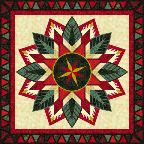 The Ice Punch Poinsettia in Tonga Batik Cedar and Sleighbells designed by Judy and Judel Niemeyer Cover Quilt