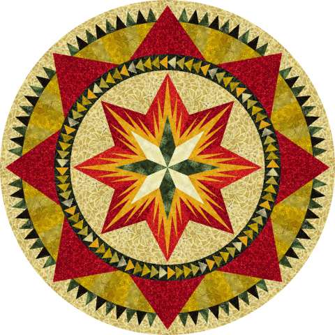 Christmas Celebration Tree Skirt Tonga Batik Cedar and Sleighbells by Judy and Judel Niemeyer • 62" Diameter $139.50 Fabric Only $164.50 Kit with Replacement Papers $183.00 Kit with Pattern