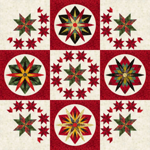 Home for the Holidays Cedar and Sleighbells Tonga Batiks Red and White background