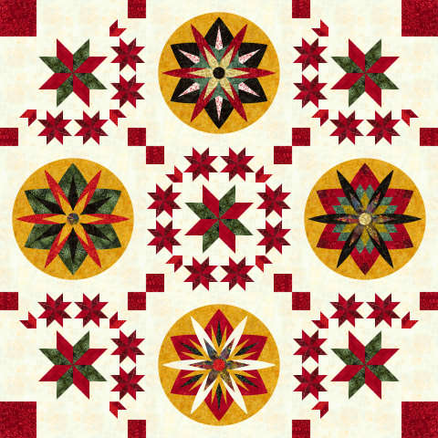 Home for the Holidays Cedar and Sleighbells Tonga Batiks Gold and Red