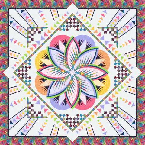 Cupcake King Size in Hoffman Fabrics 118x118 This pattern has been expanded with the (281-D) Disappearing Geese Borders, and the Radiating Geese Expansion Borders. You will receive the fabric kit and pattern for the center, plus a package with the instructions, foundation papers, and fabrics for the expansion border. This kit includes 32 1/8 yards of fabric including binding. Kit with Pattern: $643.00