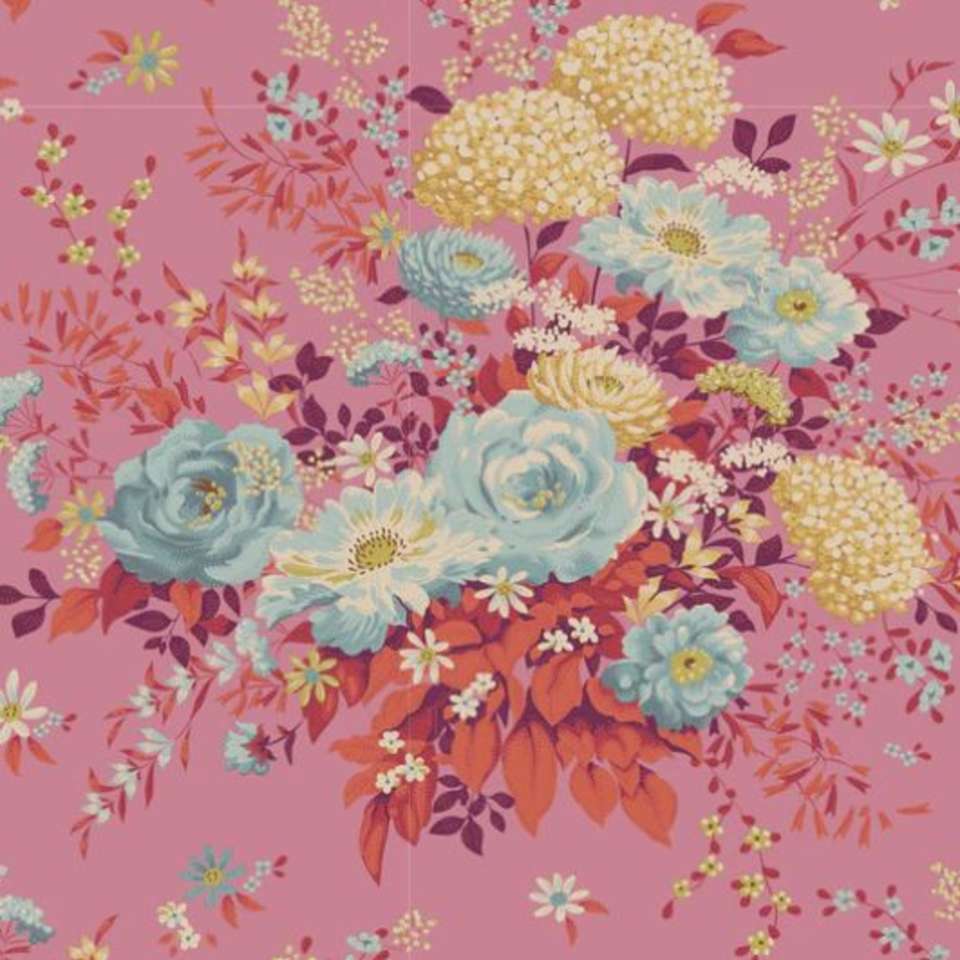 Cotton Quilt Fabric Tickled Pink Red Natural Silhouette Floral Mauve