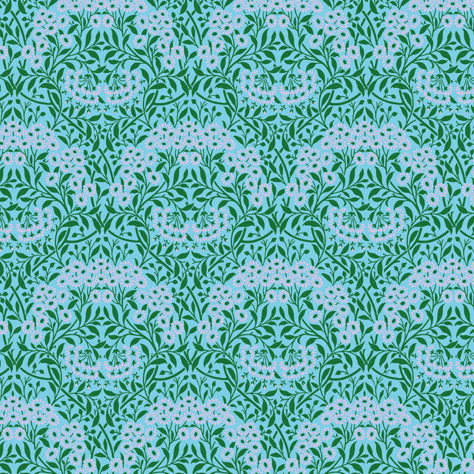 Free Spirit - Kaffe Fassett and Morris & Co. Dec 2024 - CLKW003.AQUA Michaelmas Daisy FULL WIDTH