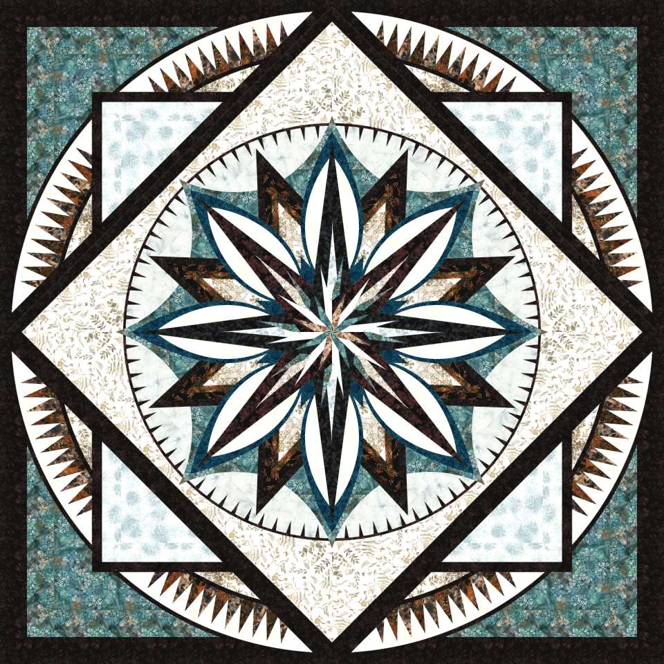 Driftwood Beach in Hoffman Batiks 2024 • 99x99 • 2 Left $329.00 Fabric Only $412.25 Kit with Replacement Papers $439.00 Kit with Pattern