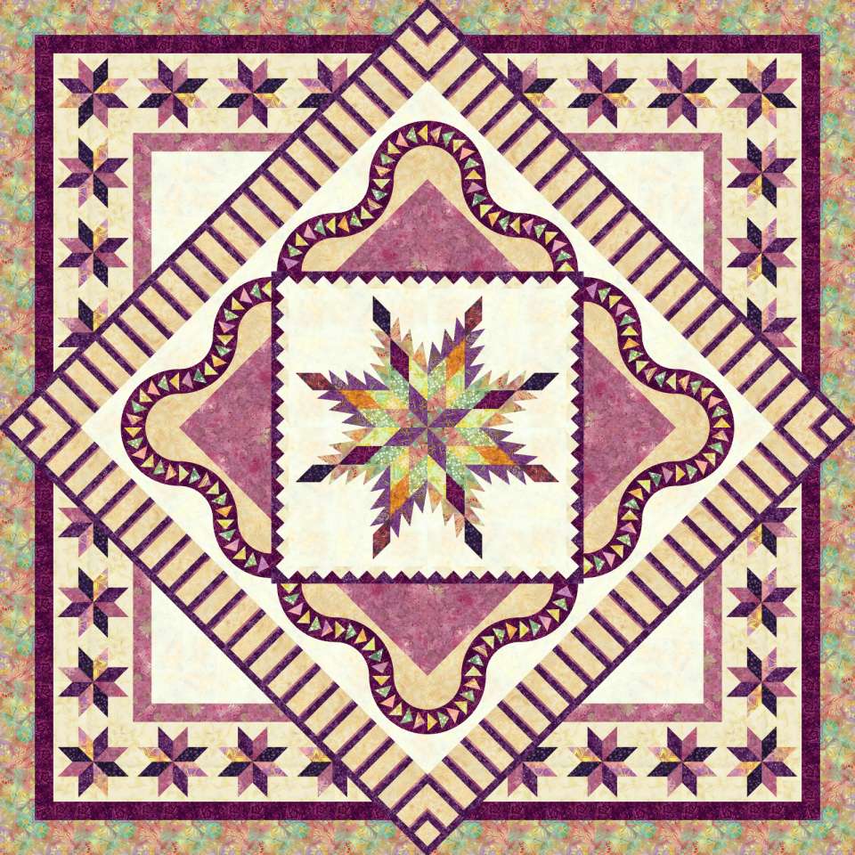 Tuscan Sunset Quiltworx Box 2024 in Hydrangea Tonga Batiks • 99x99 • 3 Left Fabric Only Kit: $325.00 Sale: $227.50 Kit with Replacement Papers: $397.00 Sale: $277.90 Kit with Pattern: $425.00 Sale: $297.50