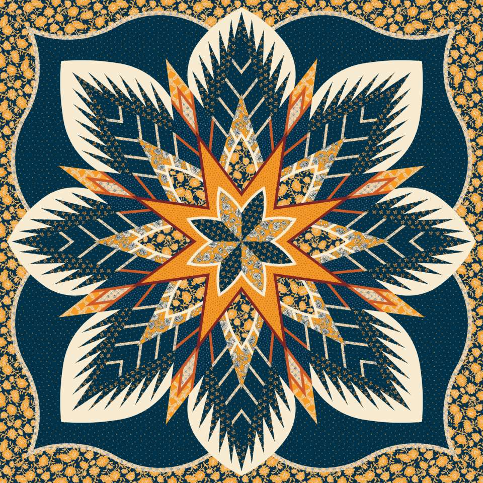Crimson Poppy in Orange and Navy • 68x68 $217.00 Fabric Only $266.50 Kit with Replacement Papers $288.00 Kit with Pattern