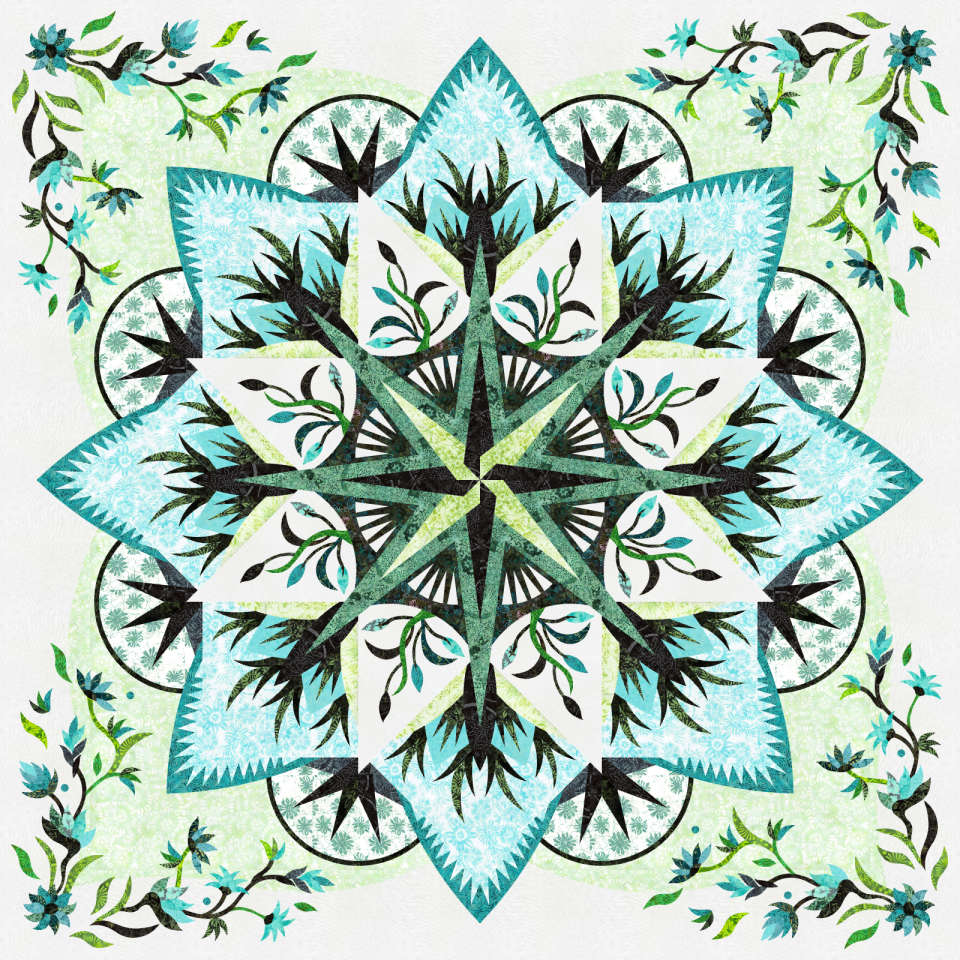 Valley Blossoms in New Valley Blossoms Collection • 99x99 $418.00 Fabric Only $599.00 Kit with Replacement Papers $262.00 Kit with Pattern