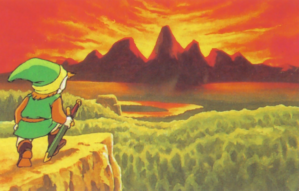 Link standing over Hyrule in the promotional art from the original Legend of Zelda