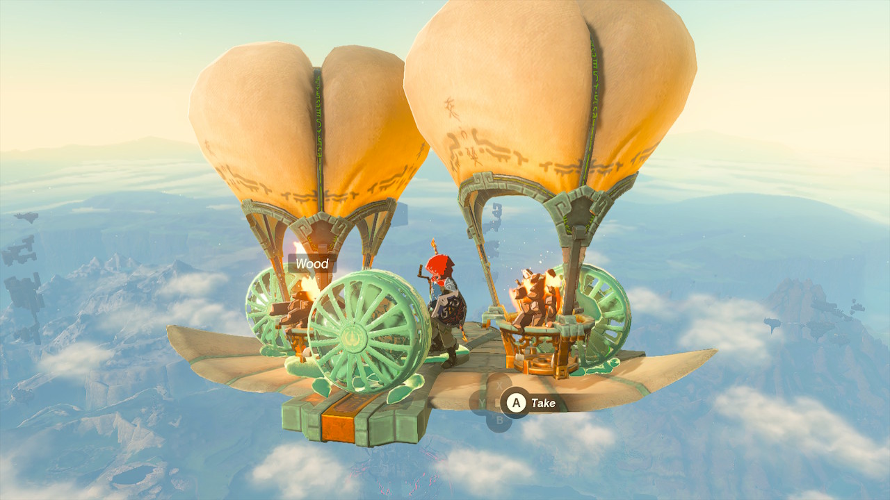 Link riding an unwieldy Zonai wing with fans and balloons attached to its every surface