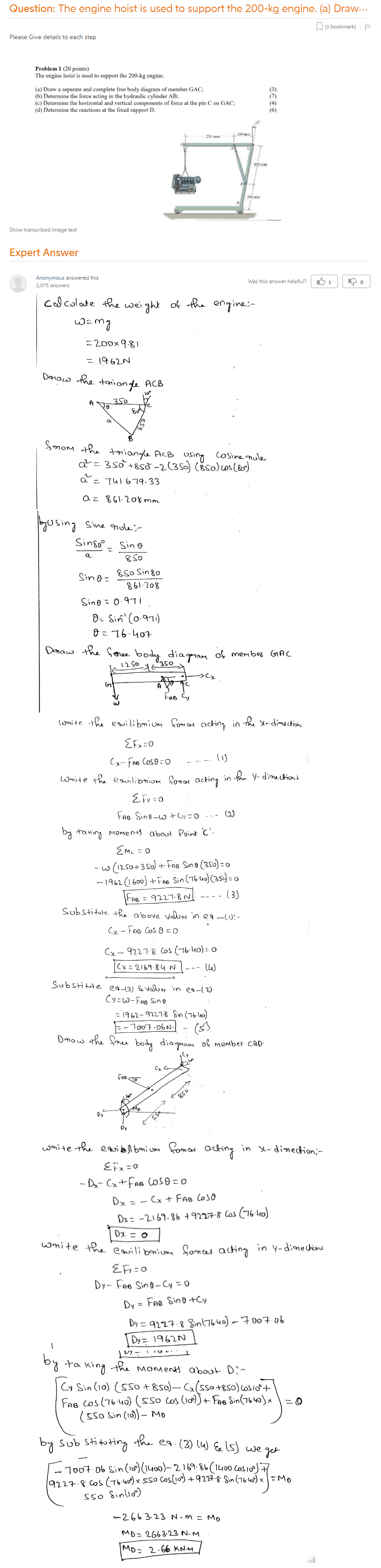 The Engine Hoist Is Used To Support The 200-kg Engine. (a) Draw A