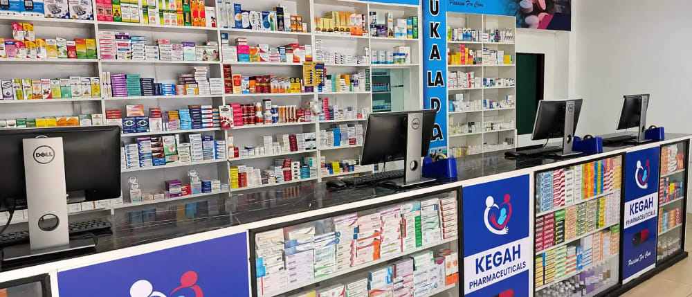 Stock on the shelves inside the Kegah Pharmaceuticals Mwea branch