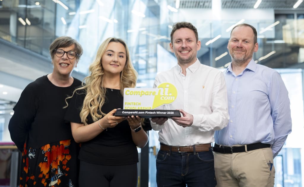 Pictured at Ulster University are Professor Danielle McWall, Associate Dean (Partnership and student recruitment) at Ulster University; Anna Donnelly, CompareNI.com Fintech Scholarship winner; Ian Wilson, CompareNI.com Managing Director; and Barry Quinn, Professor of Finance and Financial Technology at Ulster University.