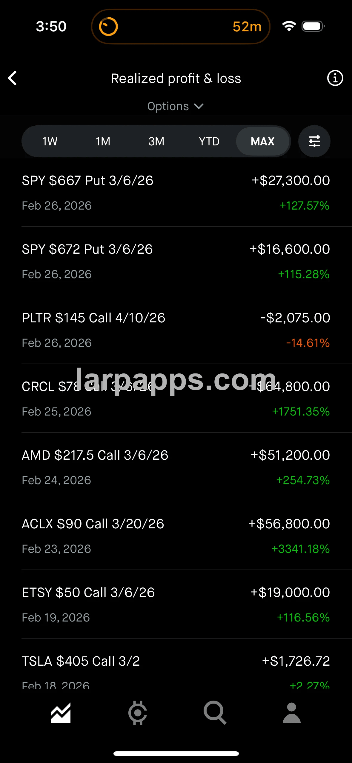 Robinhood saved trade history screen preview