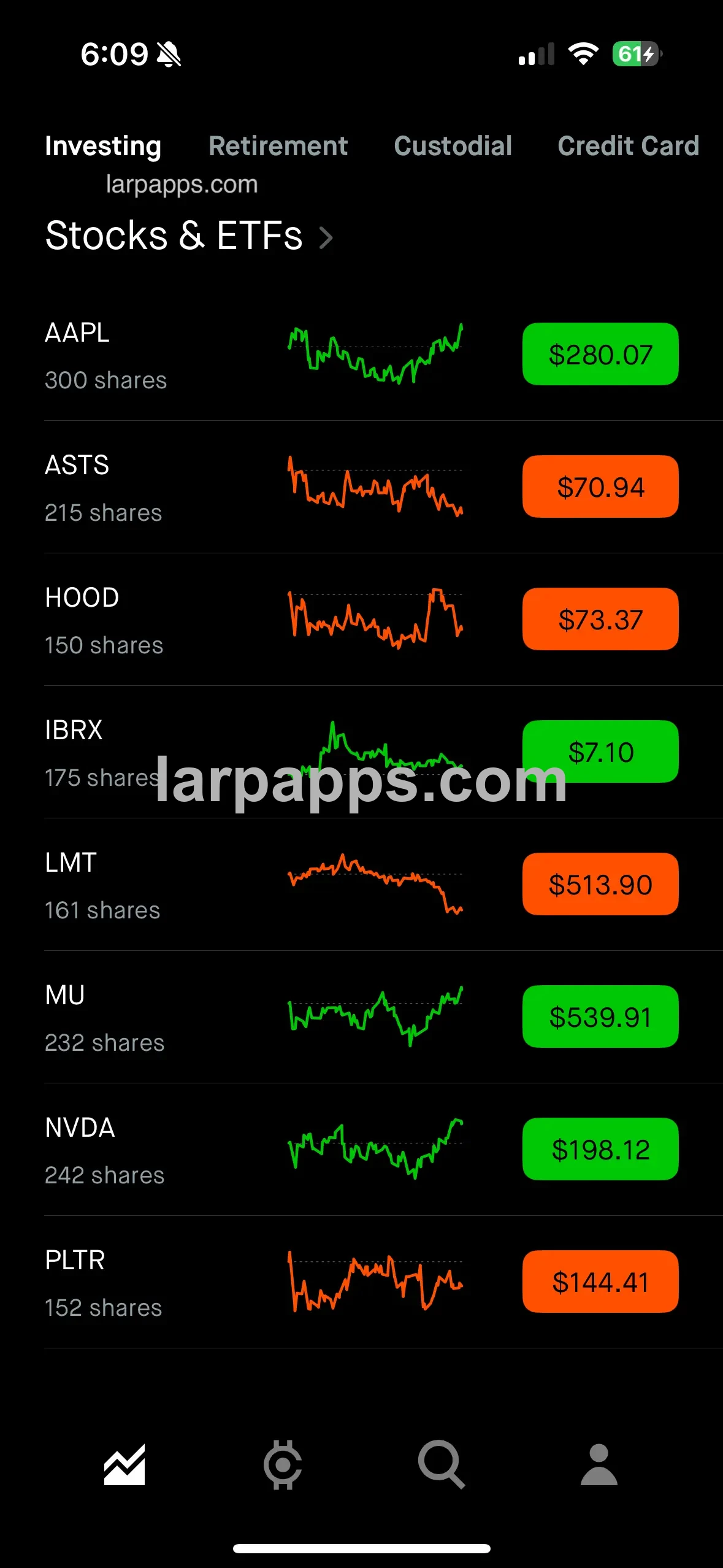 Robinhood stocks and ETFs list screen preview