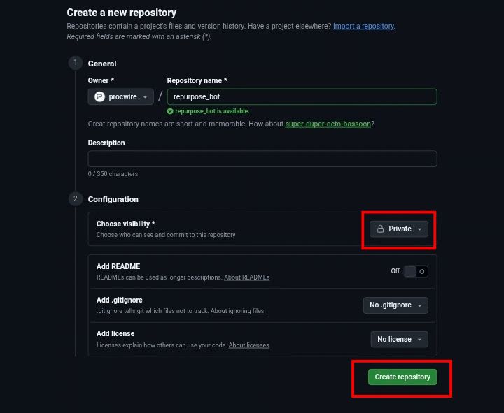 Creating a GitHub repository and choosing Private
