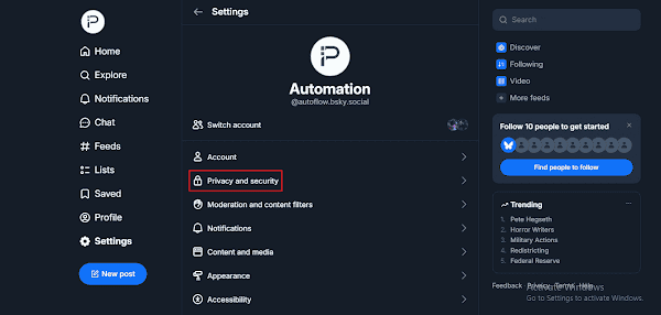 Navigating to the Privacy and Security section
