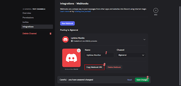 Creating a new Discord webhook and copying the webhook URL