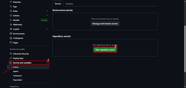 Adding a new repository secret in GitHub Actions settings for secure environment variables