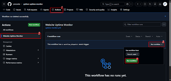 Manually triggering a scheduled Python uptime monitor workflow using the GitHub Actions run workflow dropdown