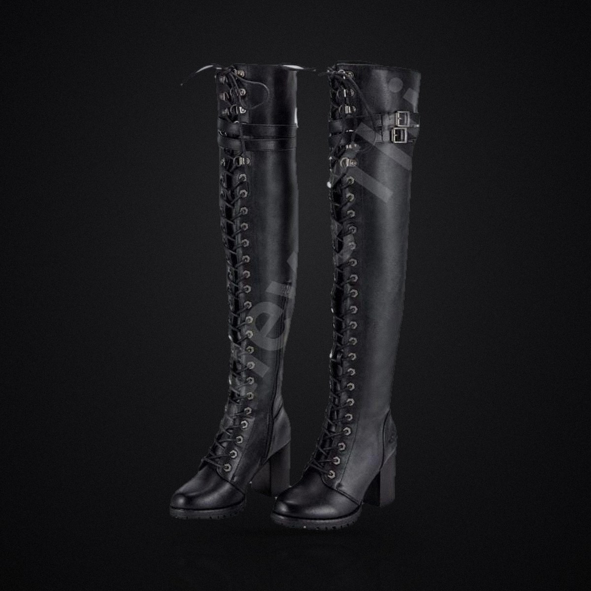 Women's Knee High Lace-Up Biker Boots - Black Gothic Chunky Heel Combat