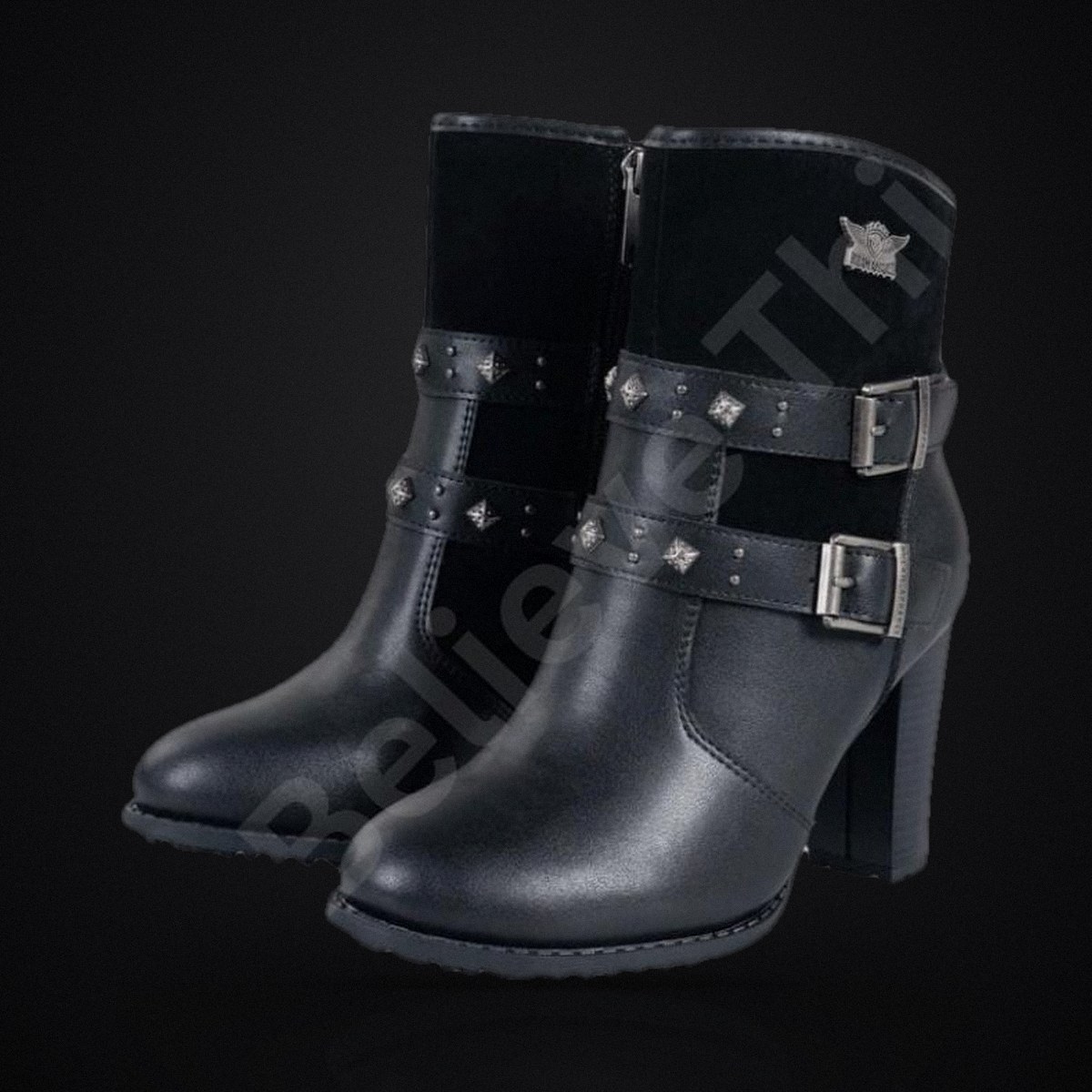 Women's Studded Ankle Biker Boots - Black Gothic Buckle Heeled Boots