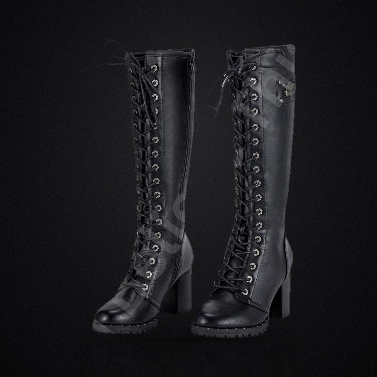 Women's Knee High Lace-Up Boots - Black Gothic Biker Boots, Side Zip