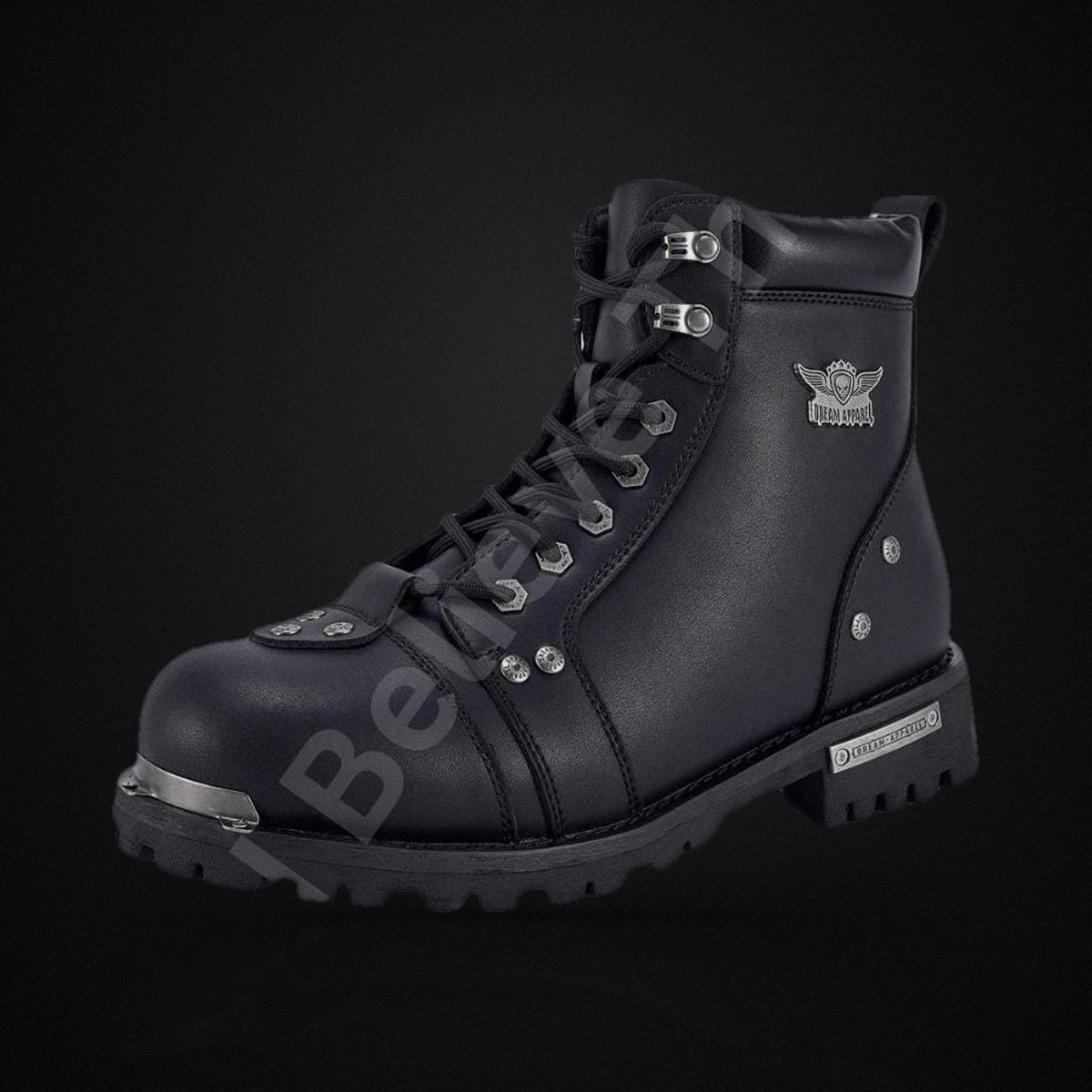 Men's Lace-Up Motorcycle Riding Boots - Black PU Leather, Side Zipper
