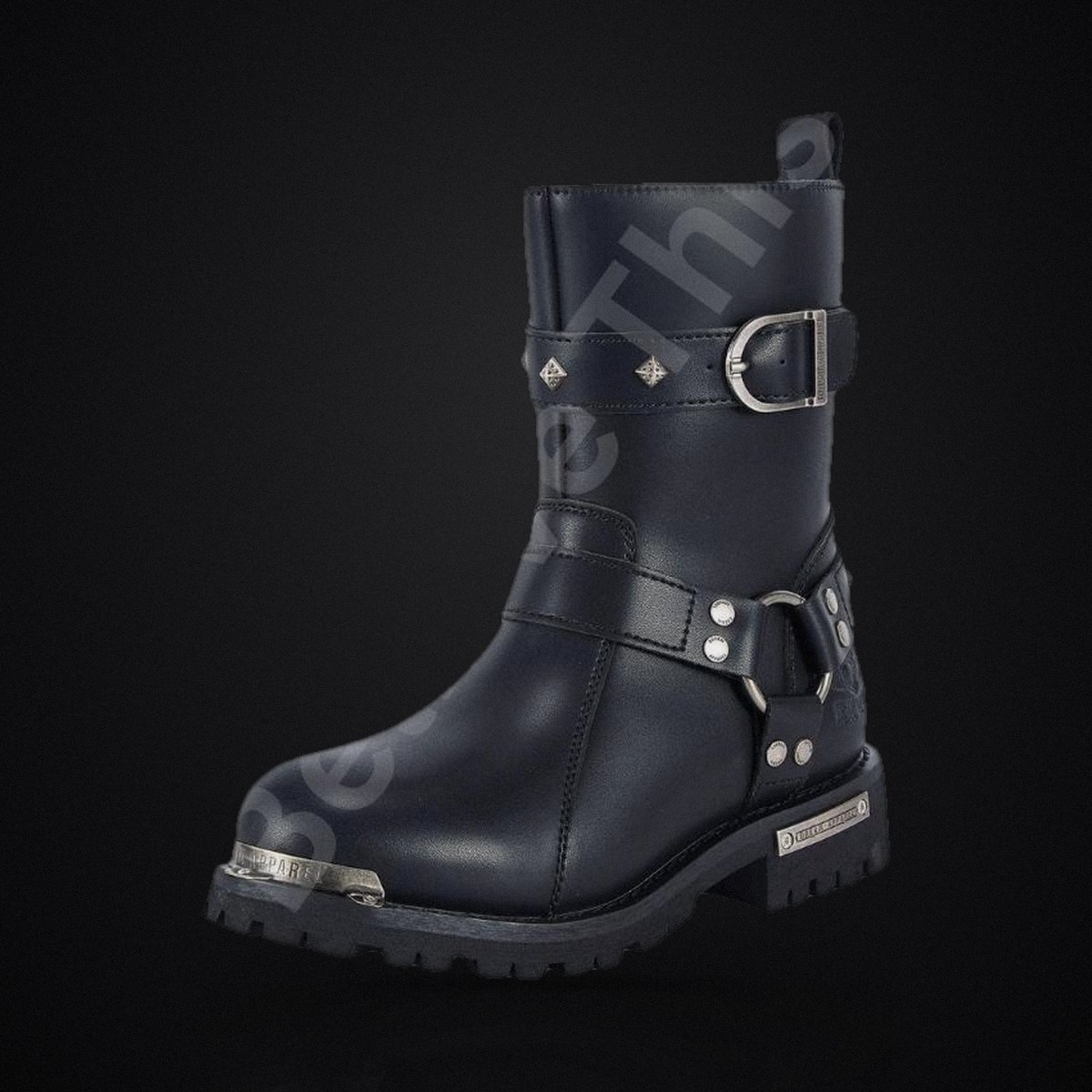 Women's Studded Black Leather Biker Boots - Gothic Punk Harness Boots