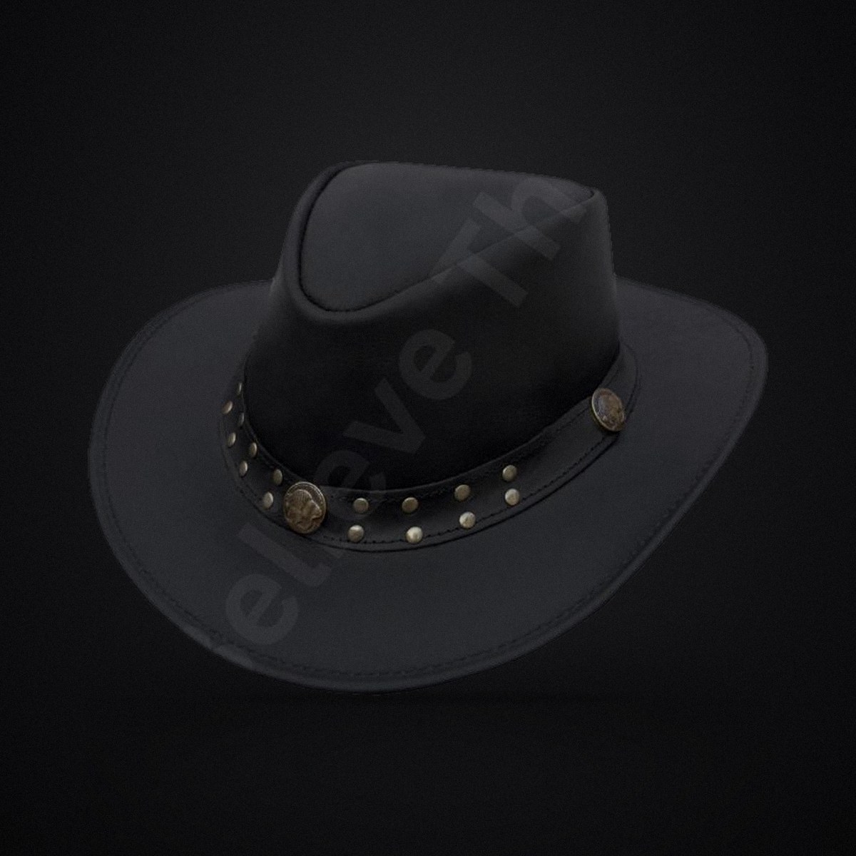 Men's Black Leather Cowboy Hat - Studded Vintage Western Outback Hat