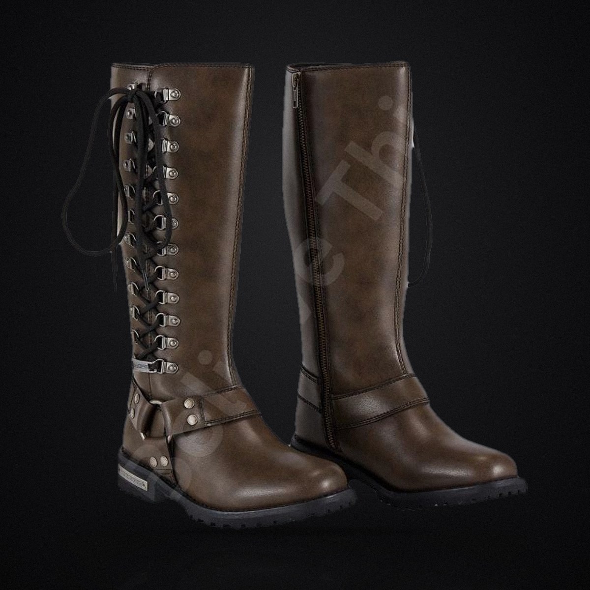 Women's Brown Knee High Biker Boots - Lace-Up Steampunk Combat Boots