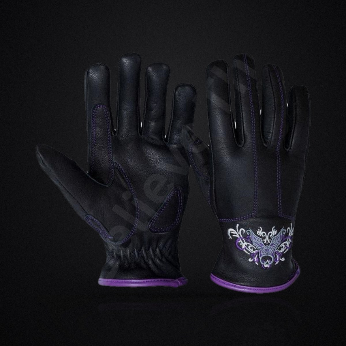 Embroidered Leather Motorcycle Gloves - Purple Butterfly Biker Gloves