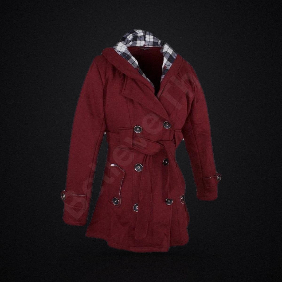 Women's Burgundy Hooded Peacoat - Fleece Winter Coat with Belt