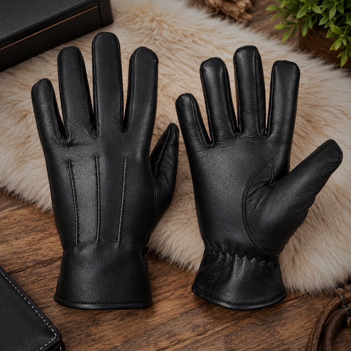 Women's Black Deerskin Leather Gloves - Classic Full Finger Gloves