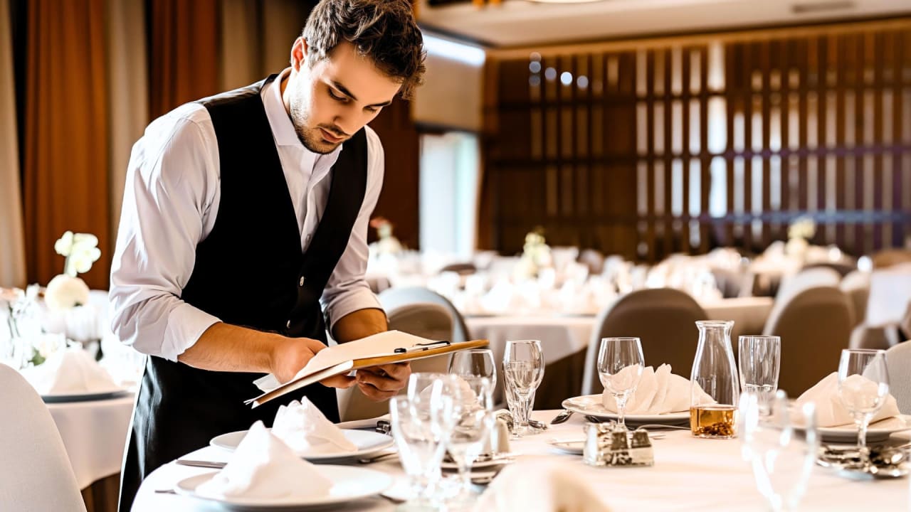 A banquet captain leans over a set table while staring at a clipboard
