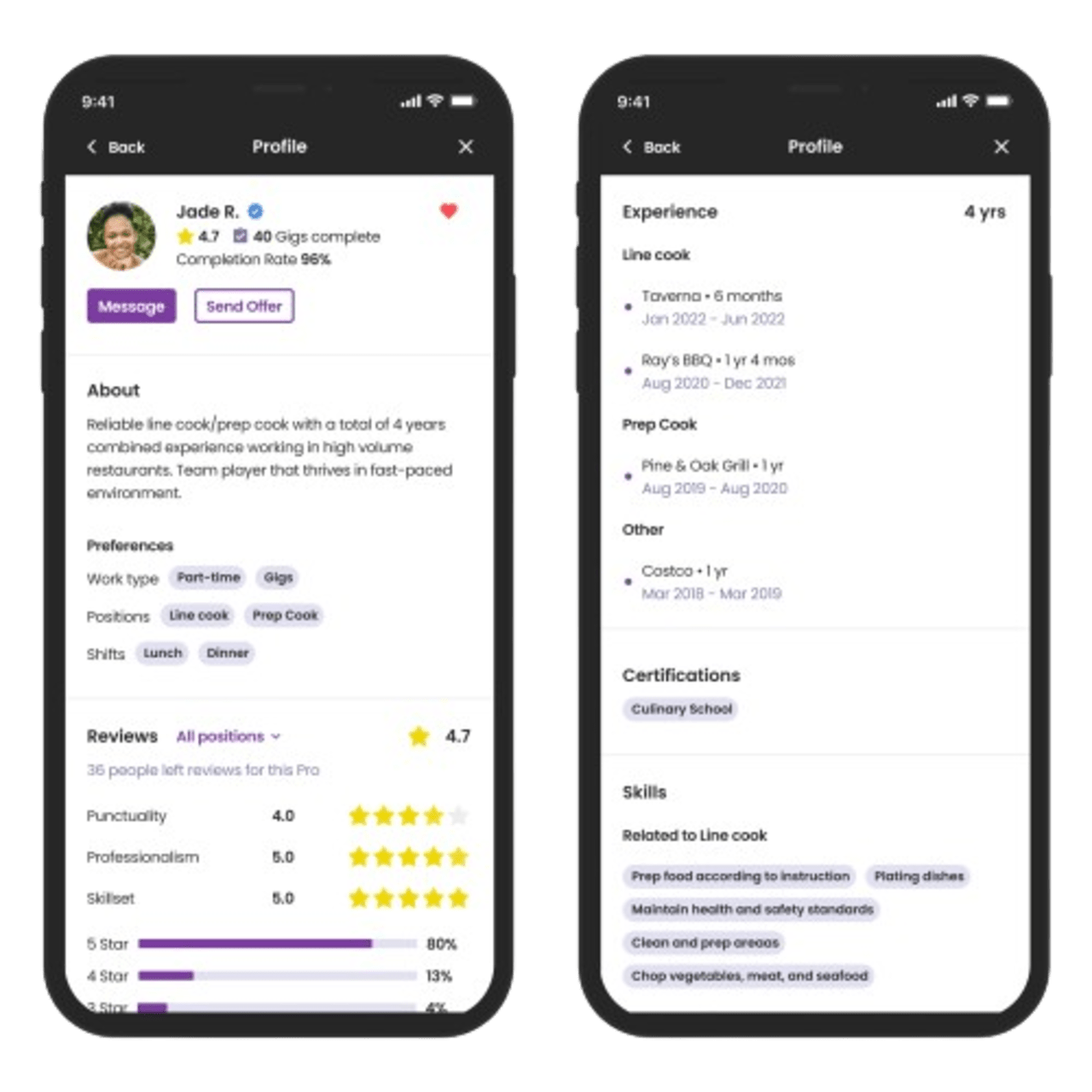 Two screens showing the business mobile app. Viewing a pro's profile and how to offer a gig.