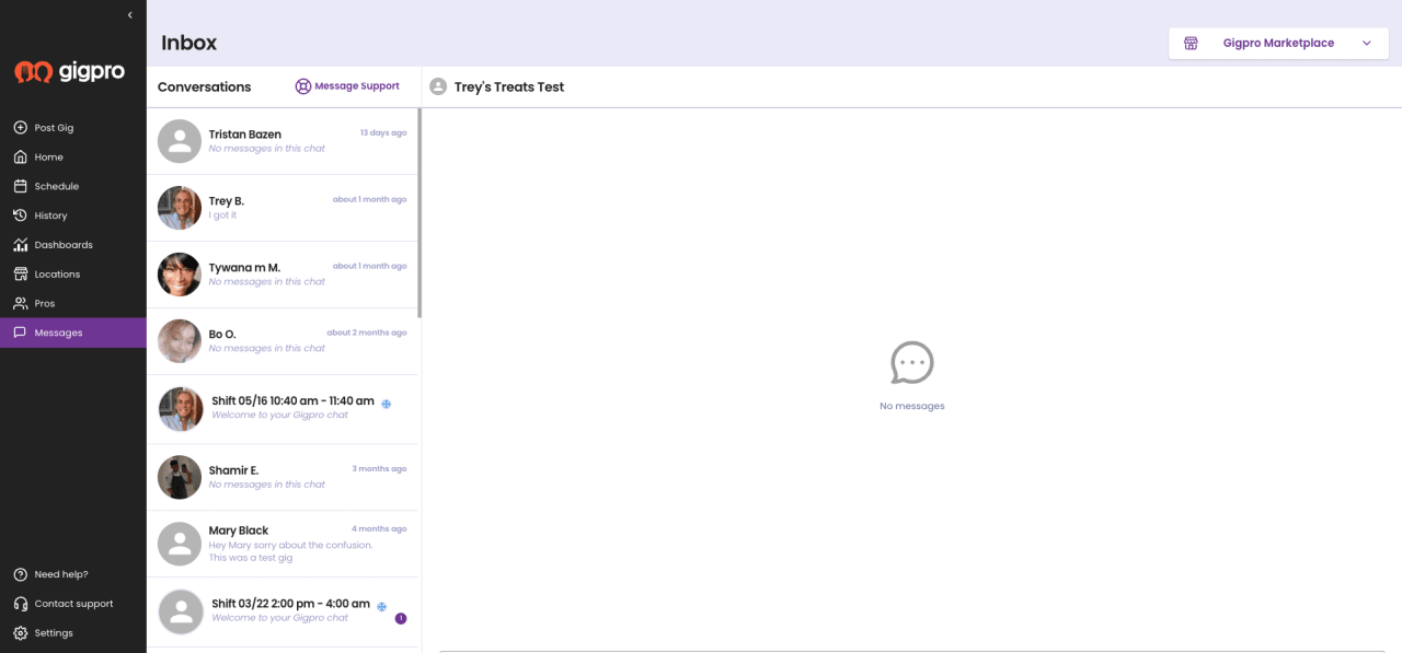 Messaging a pro as a business inside Gigpro's web app.