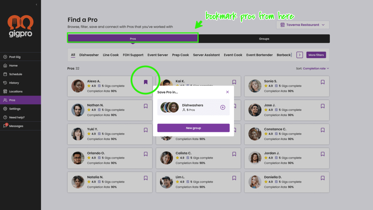 Groups helps you keep track of talented Pros on Gigpro so you can easily select a group of individuals to come back for gigs. 