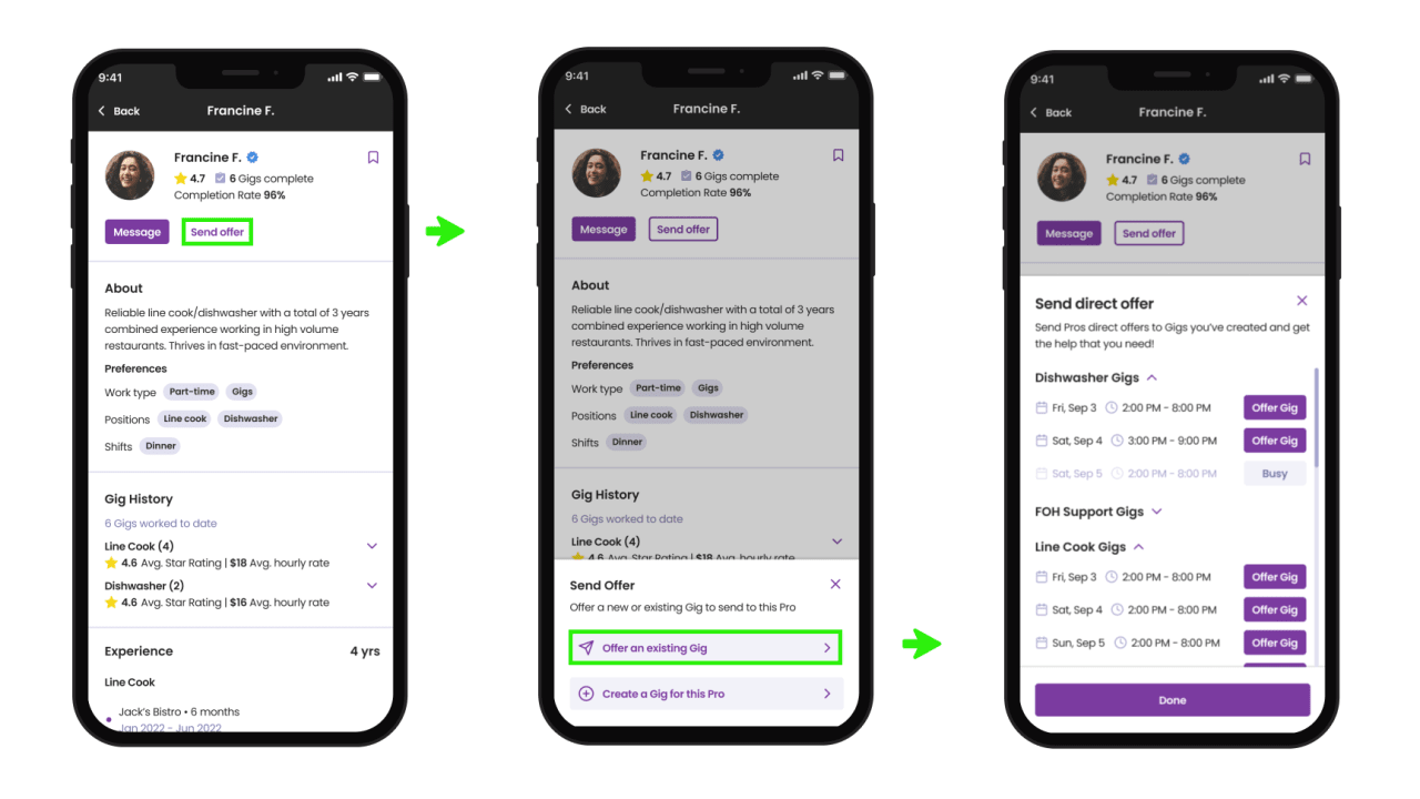 If you already have a Pro or group of Pros in mind to work an event, or help cover your line during dinner service then you can use Direct Offer to send them an offer to work the Gig. 