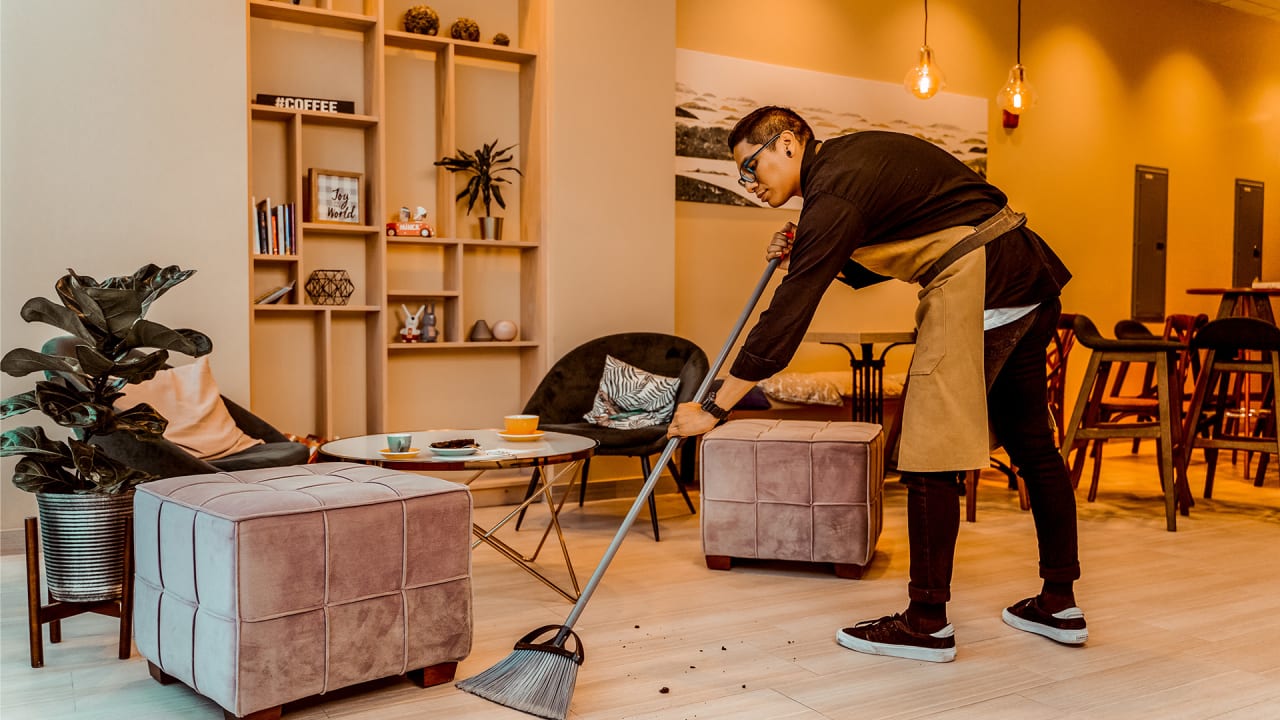 Pro sweeping hotel lobby 