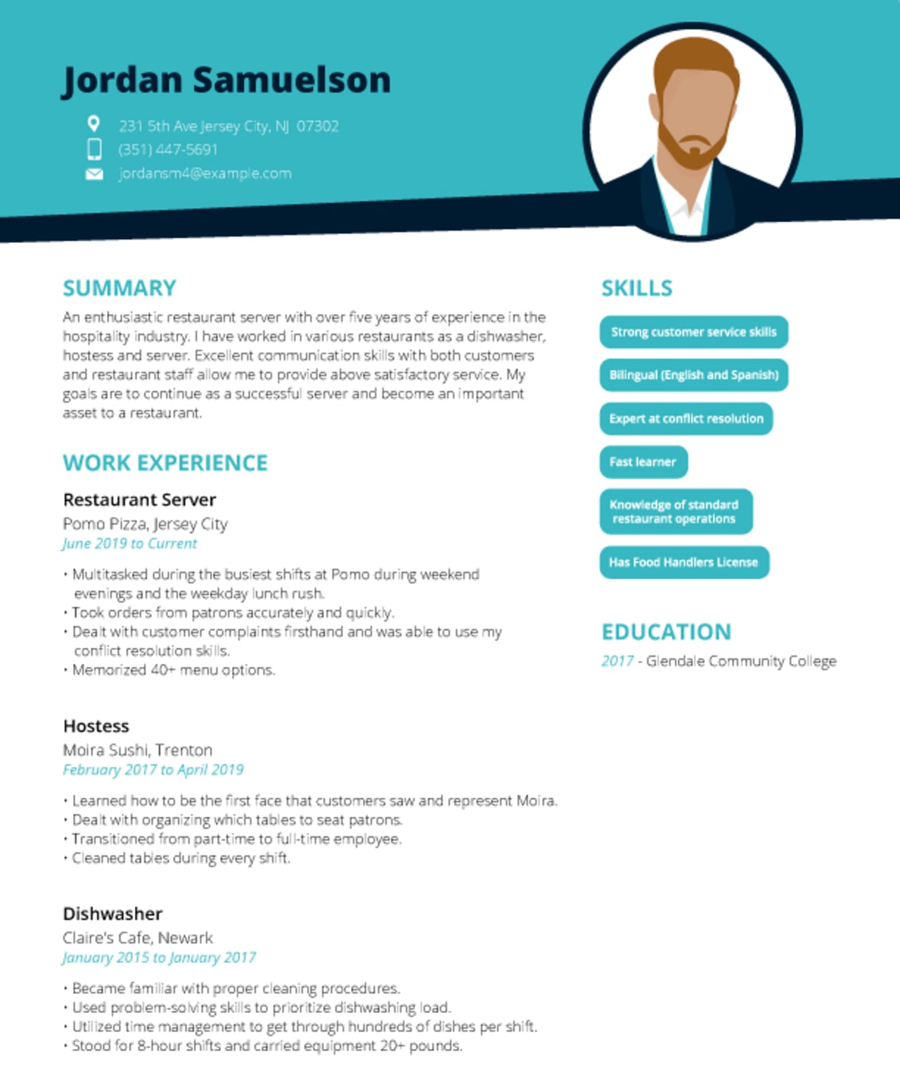 example restaurant resume