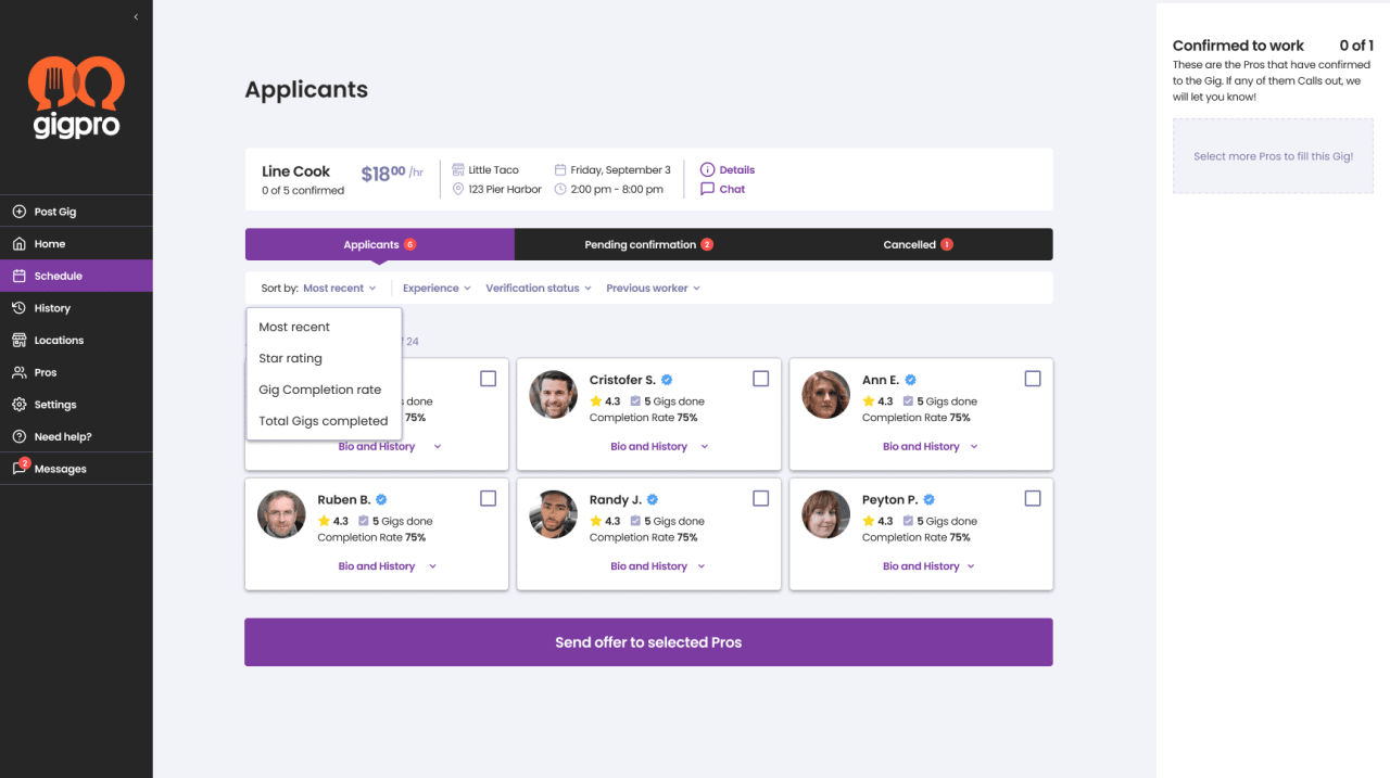 Sorting and filtering within the applicant screen