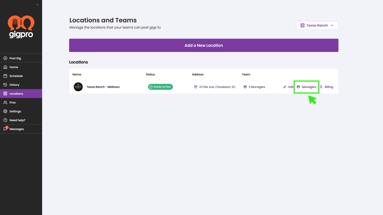 Inviting a new manager step one on locations page.