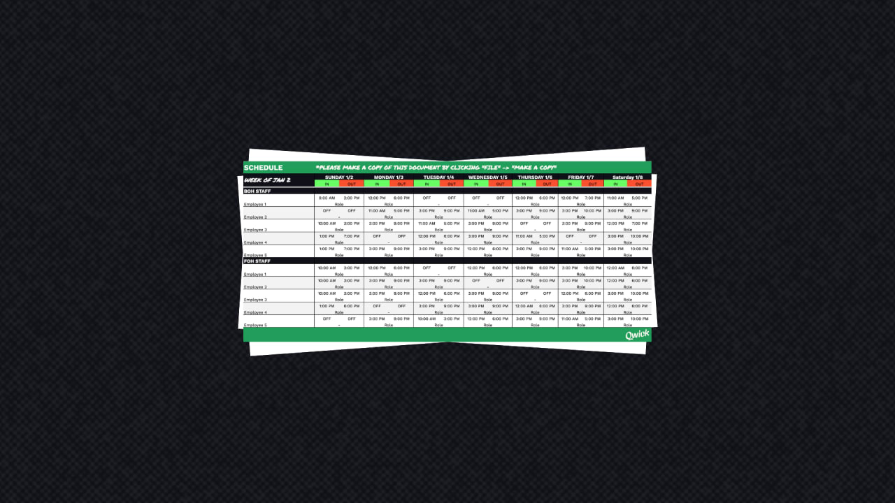 restaurant schedule template