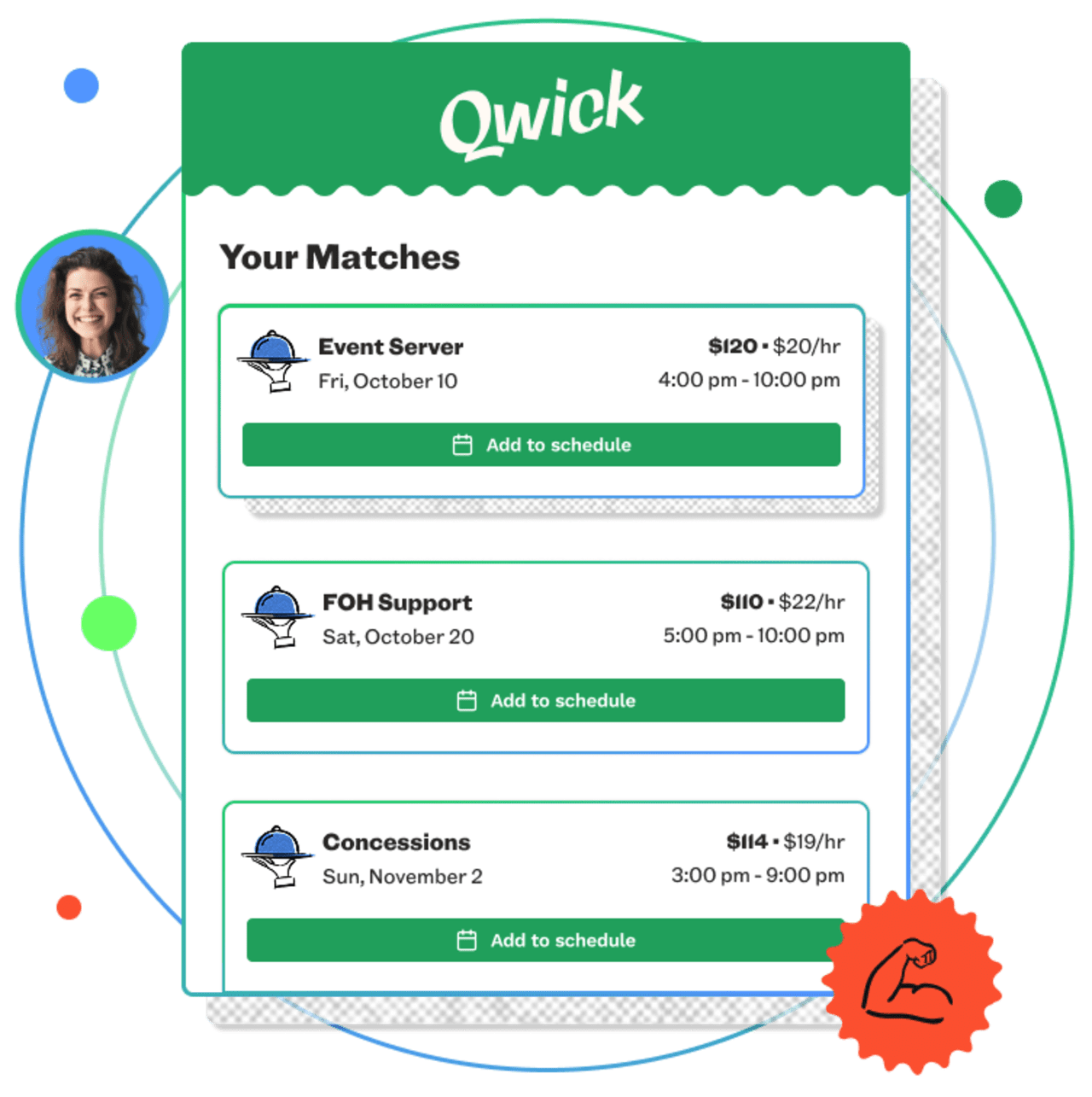 Screenshot of Qwick professional app showing gigs/jobs that match your profile