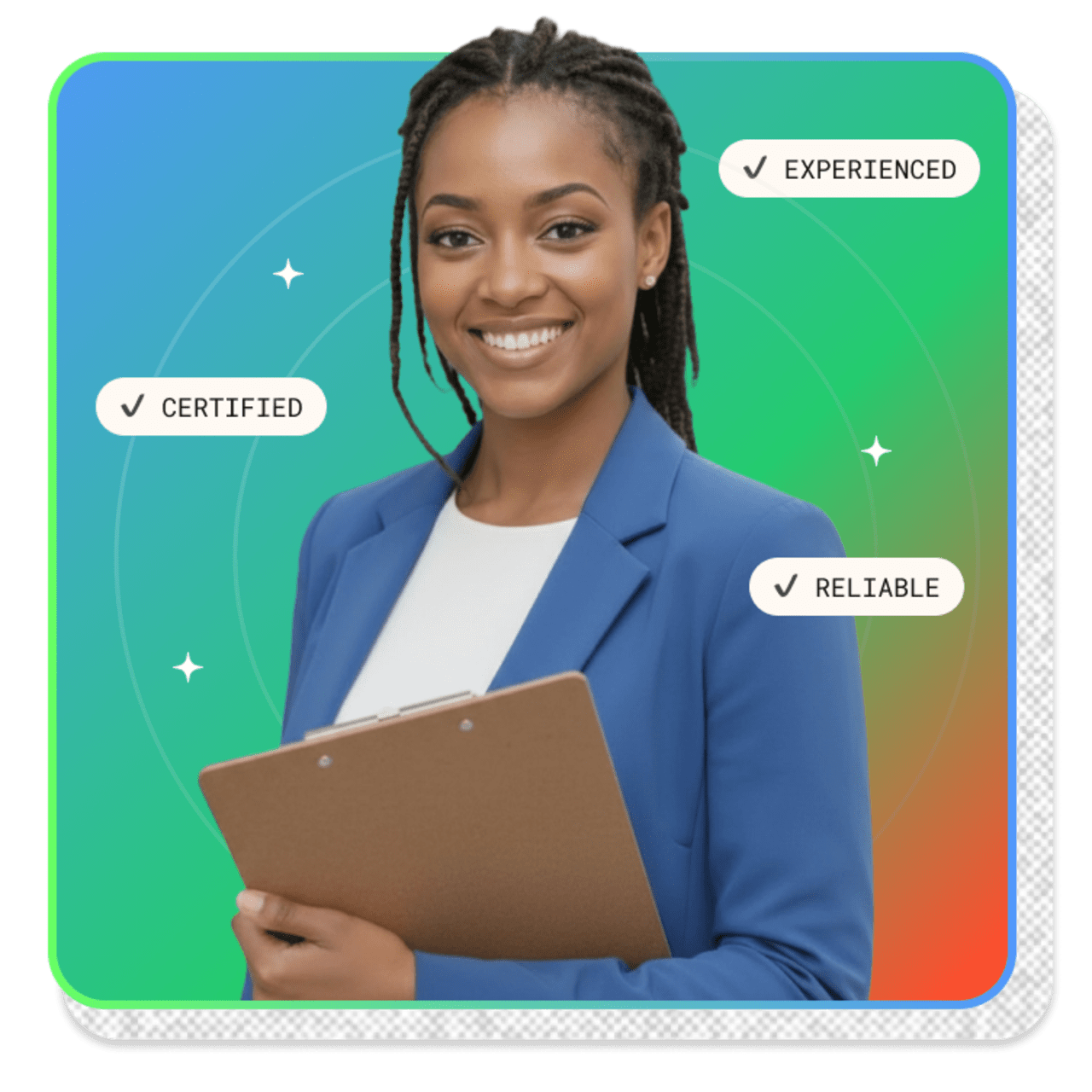 Photo of a lady with text bubbles reading certified, reliable, experienced