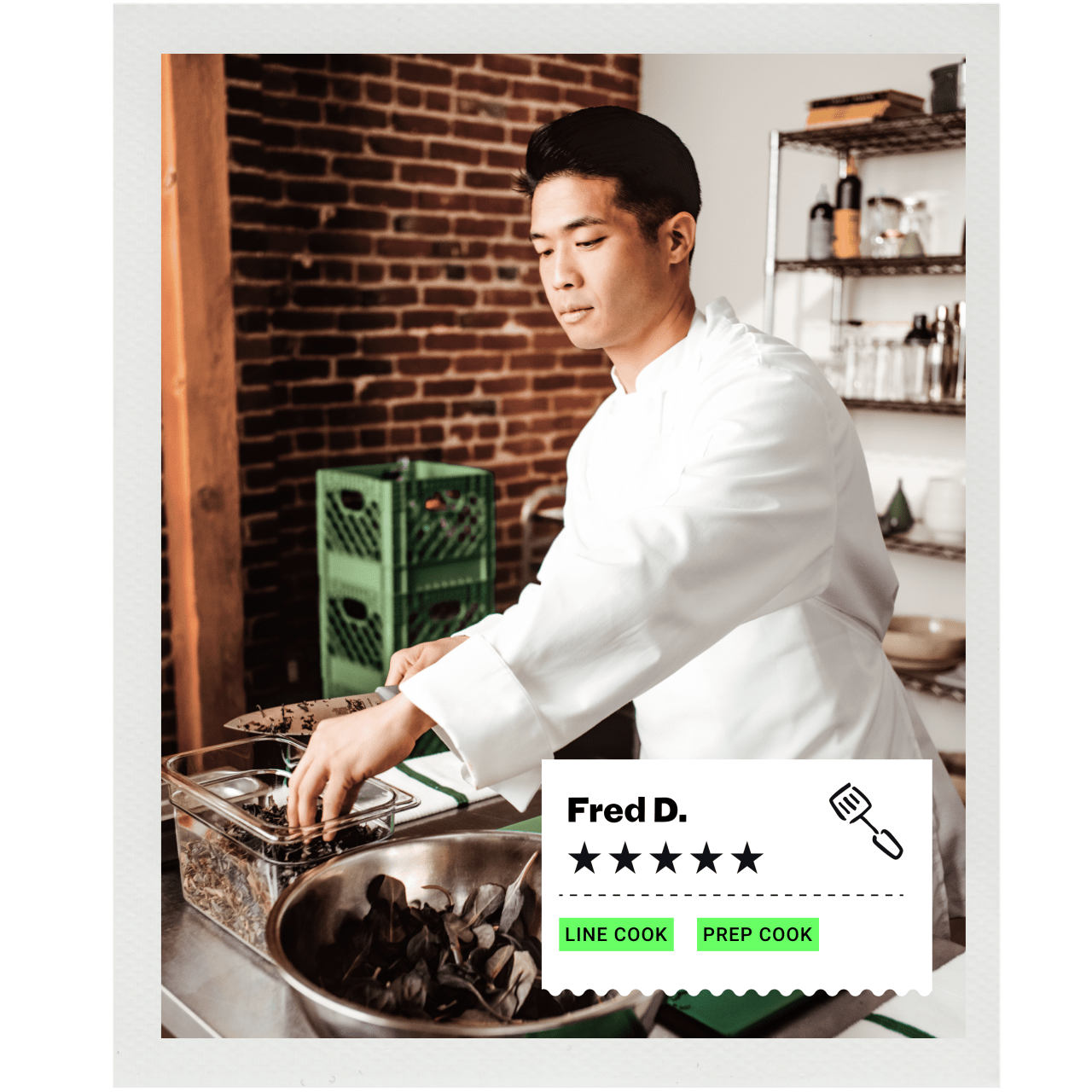 Line cook preparing ingredients at a stainless steel kitchen station.
