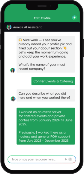 Step 1: Amelia helps you to set up your account and profile