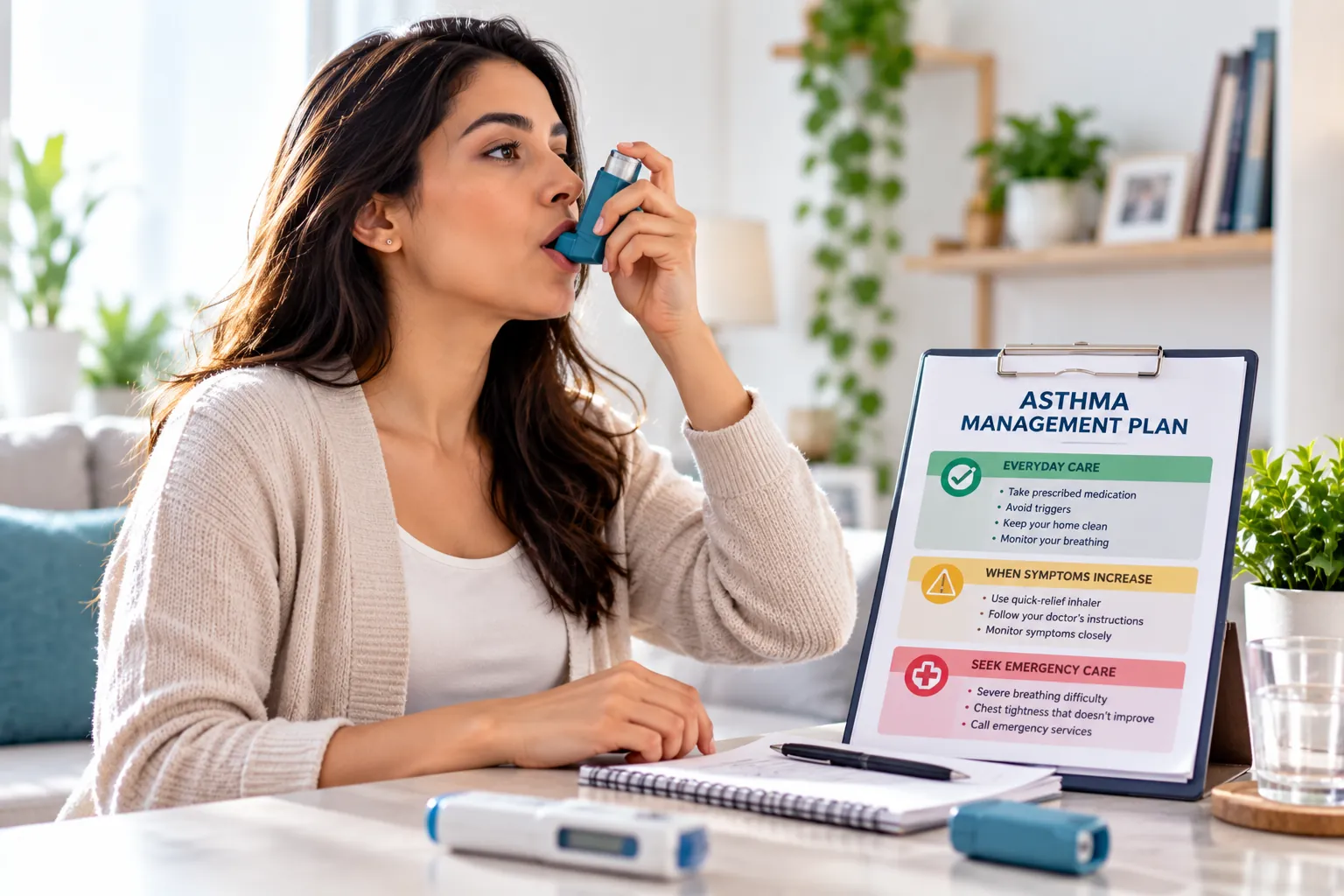 Person following an asthma management plan at home